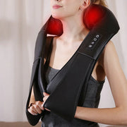 Woman using black multifunctional shoulder and neck massager with heat and adjustable settings for muscle relaxation