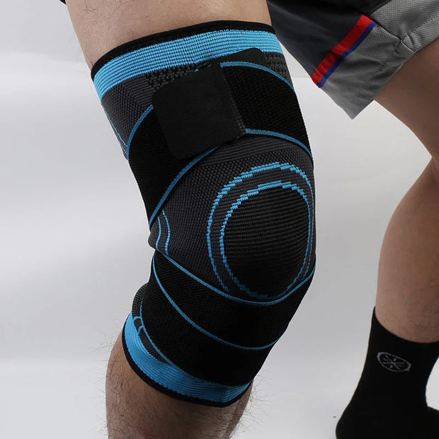 Black and blue knee support pad sleeve providing compression and stability for sports and fitness activities